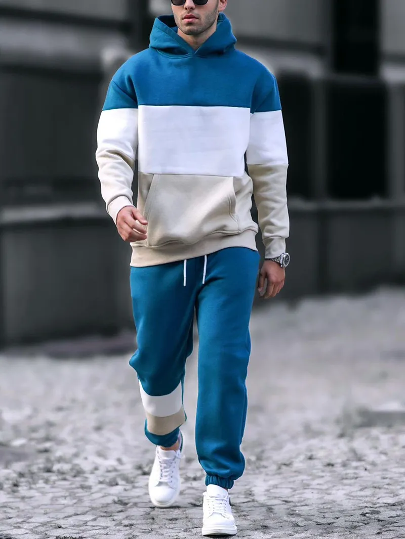 Men's Casual Patchwork Contrasting Sweatshirt Jogging Sportswear Suit