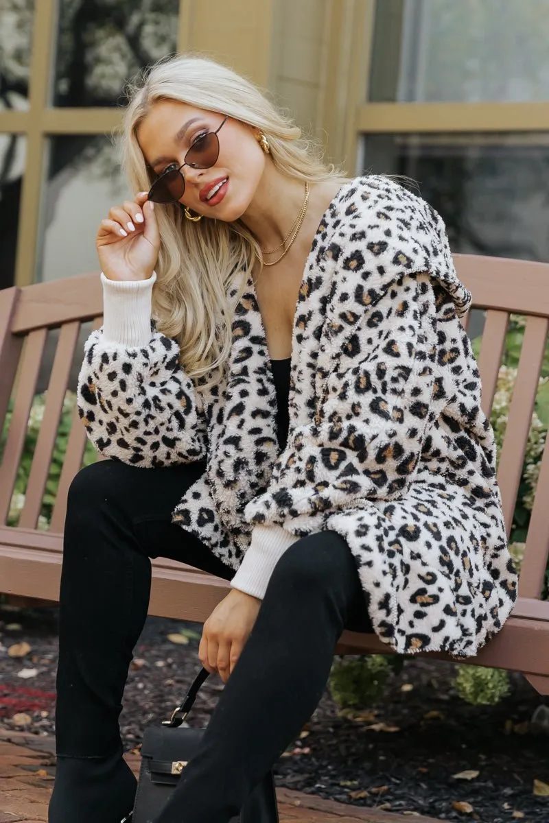 Tan Leopard Print Fur Hooded Jacket