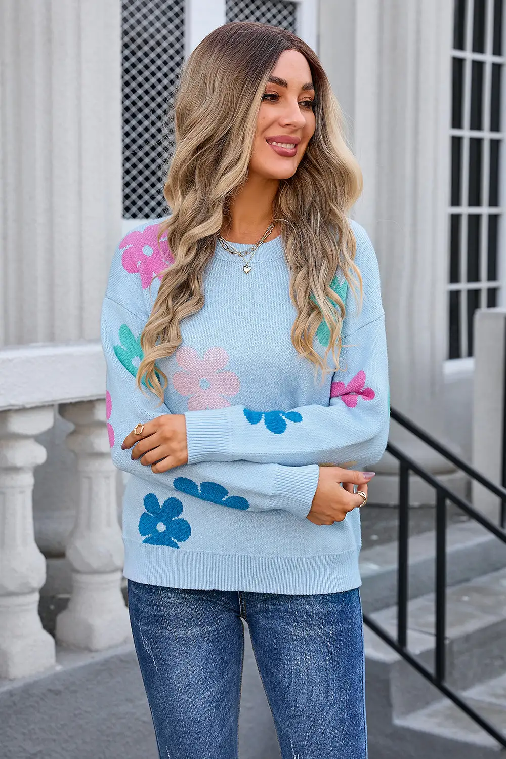 Flower Color Matching Round Neck Sweater