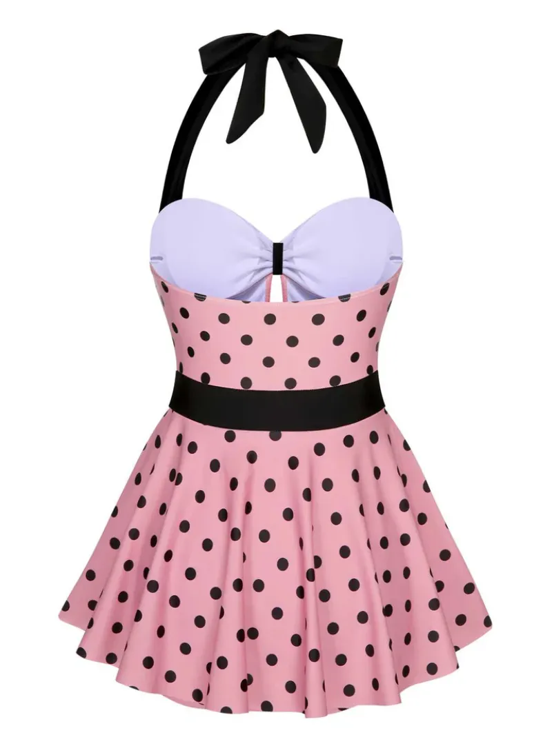 PINK 1950S HALTER POLKA DOTS ONE-PIECE SWIMSUIT