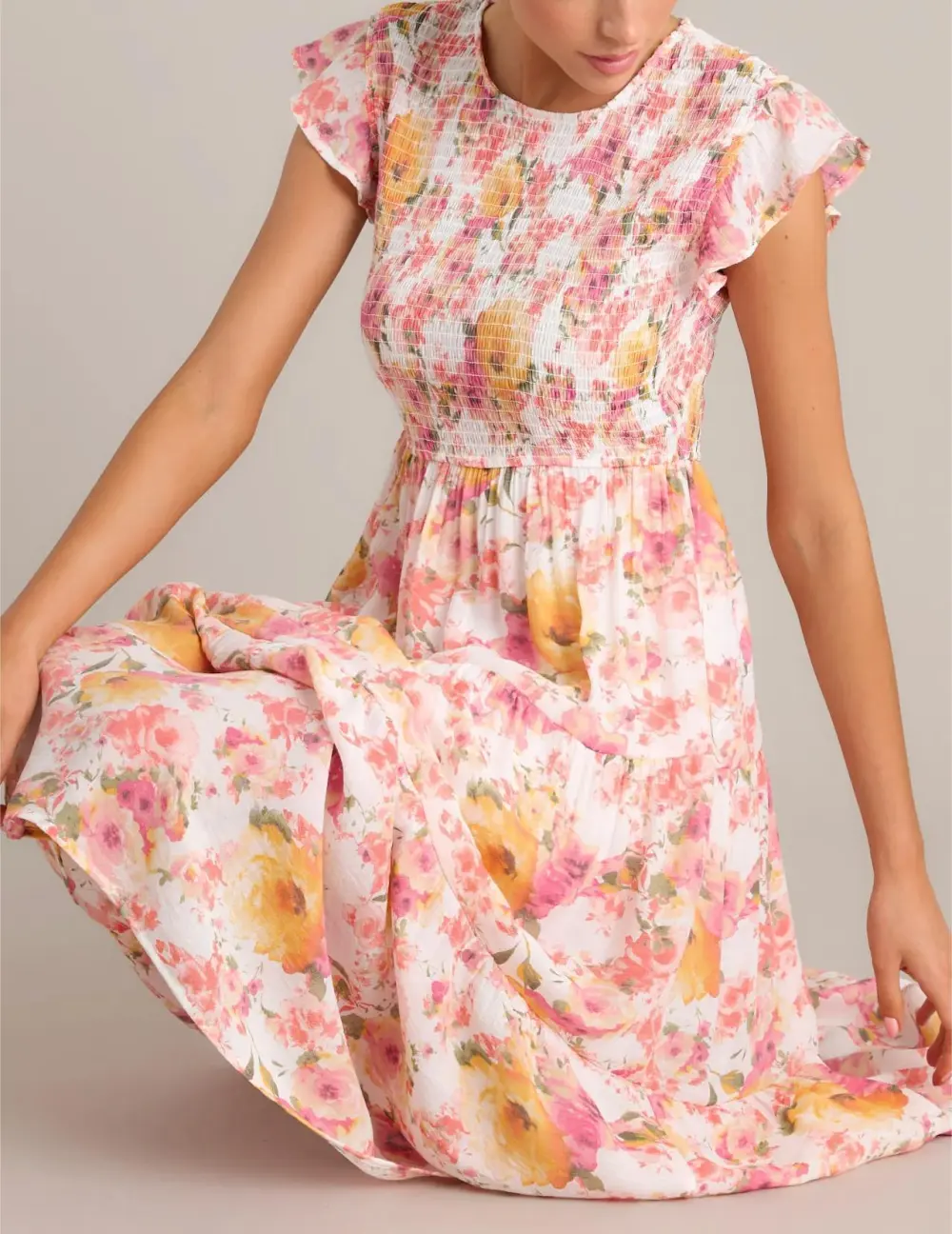 FLORAL SMOCKED MIDI DRESS