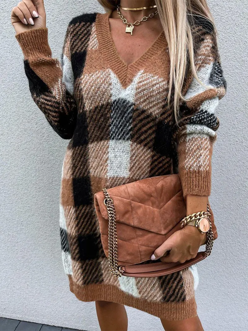 Casual loose contrast plaid dress