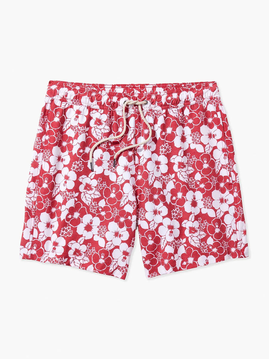 Men's Nautical Red-Stamped Hibiscus Beach Shorts