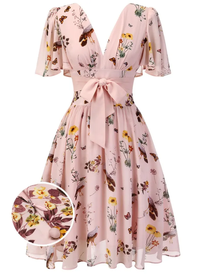 PINK FLOWERS AND BIRDS BOWKNOT V-NECK DRESS