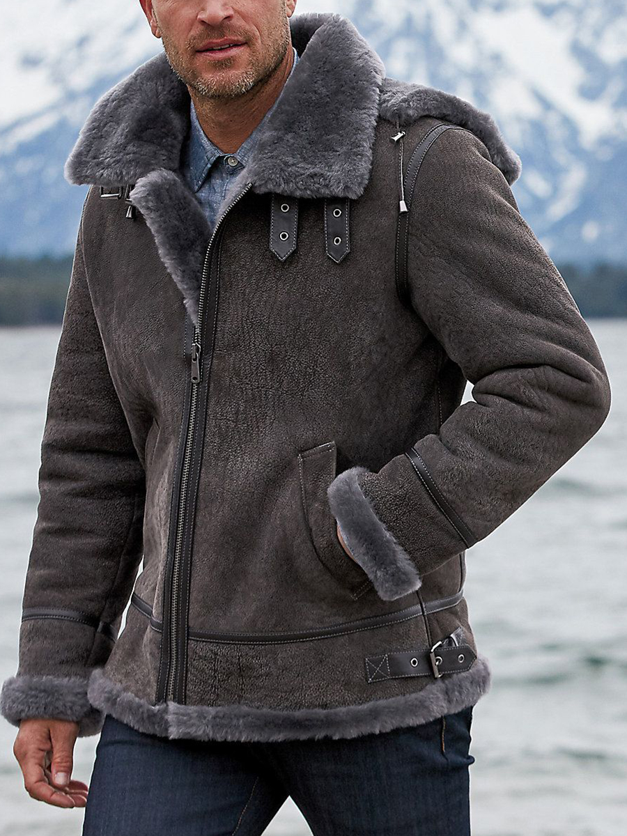 Men's outdoor warm dark gray suede jacket