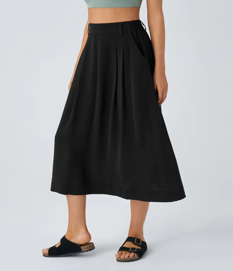 High Waisted Side Pocket Flowy Midi Casual Linen-Feel Skirt