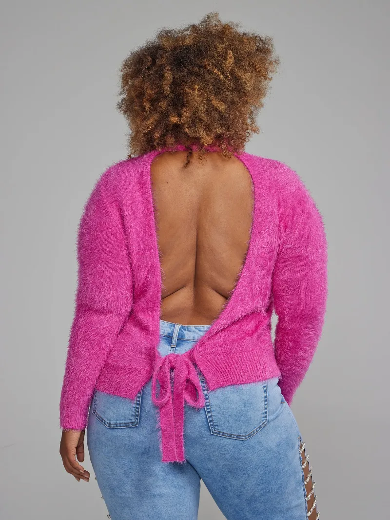 Turtleneck Open Back Fuzzy Knit Sweater