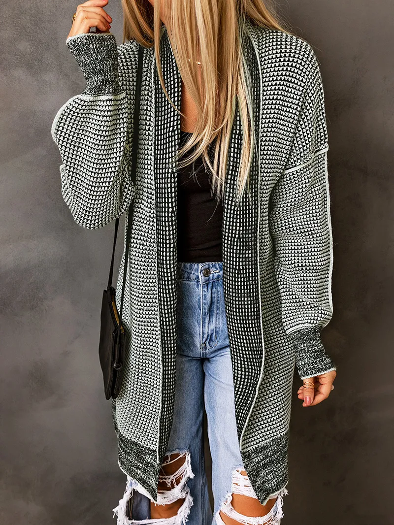 Gray Plaid Knitted Long Open Front Cardigan