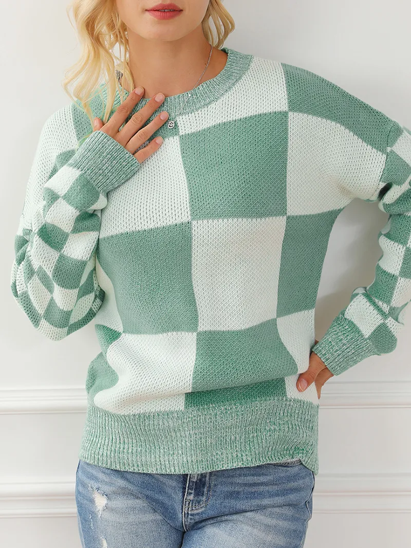 Mint Green Checkered Print Drop Shoulder Sweater