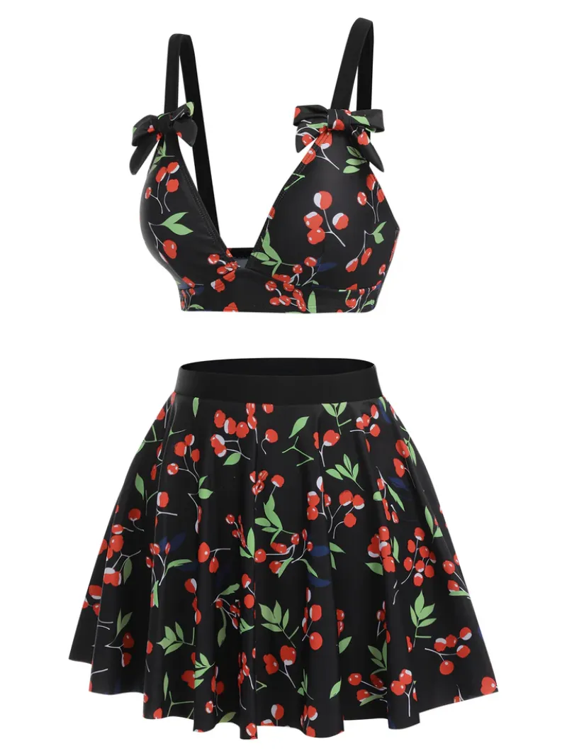 BLACK 1950S CHERRY BOW V-NECK SWIMSUIT