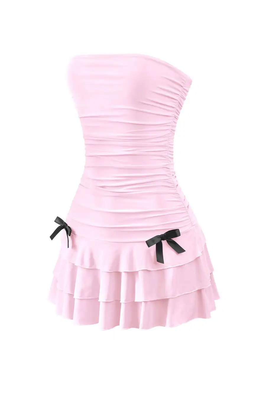 Coquette Strapless Ruched Ruffle Mini Dress With Bow Detail