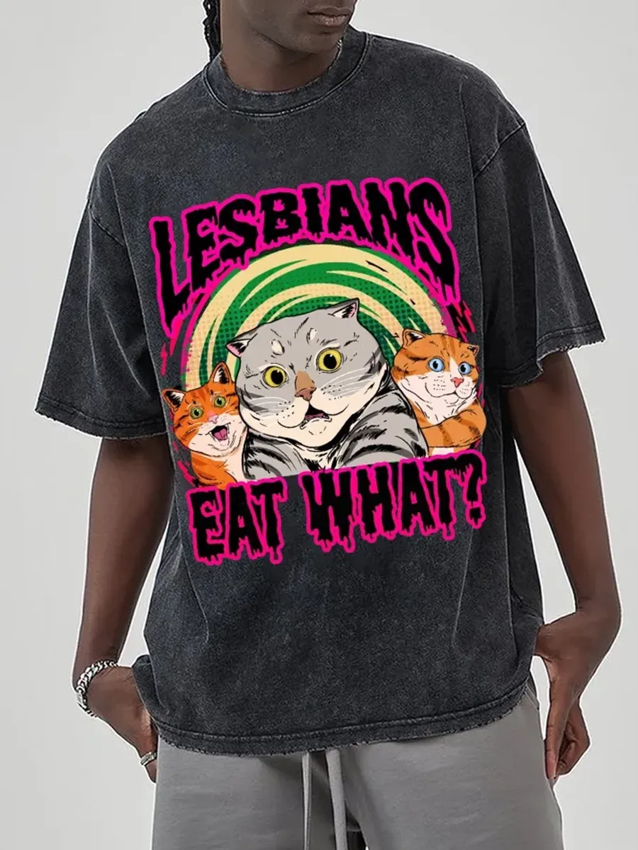 EAT WHAT CAT UNISEX PRINTED RETRO WASHED SHORT SLEEVED T-SHIRT