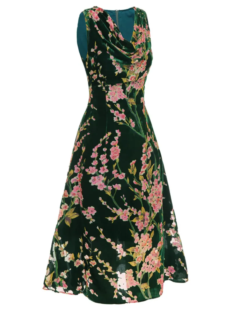 GREEN 1930S FLORAL VELVET SLEEVELESS DRESS