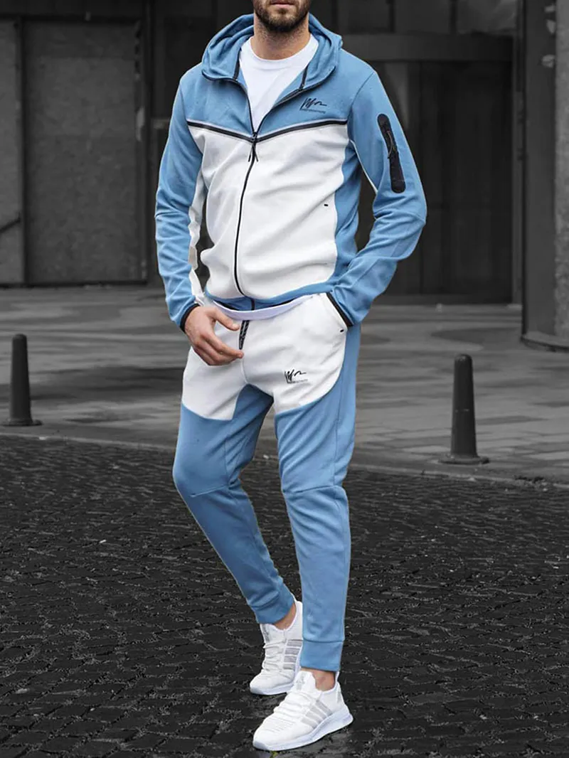 Men's Casual Patchwork Contrasting Sweatshirt Jogging Sportswear Suit