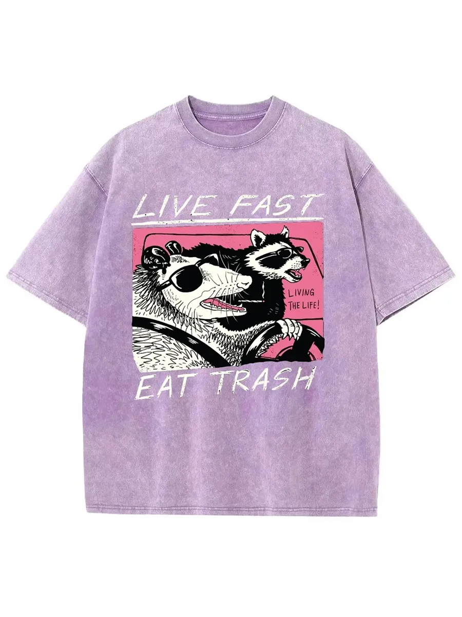 LIVE FAST EAT TRASH UNISEX PRINTED RETRO WASHED SHORT SLEEVED T-SHIRT