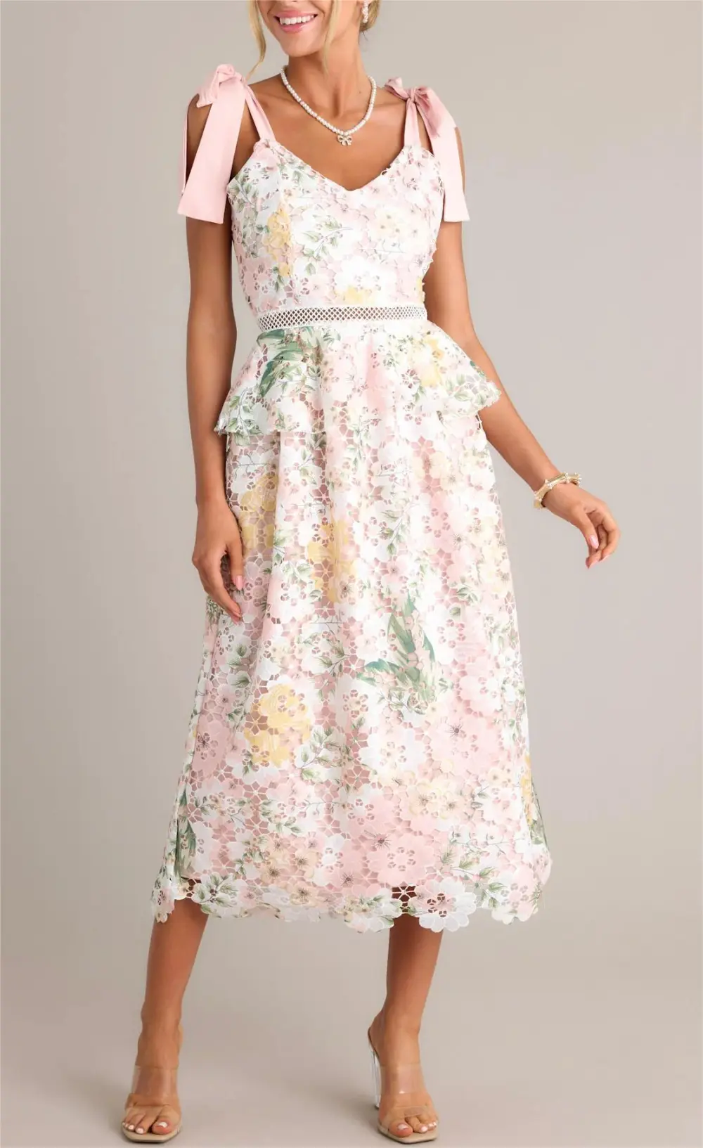 REMEMBERING SPRING PEACH LACE FLORAL MIDI DRESS