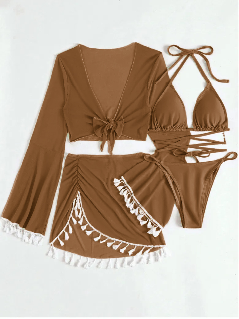 Four-Piece Set Solid Color Tassel Blouse Mesh Skirt Bikini Wholesale Swimsuit For Women