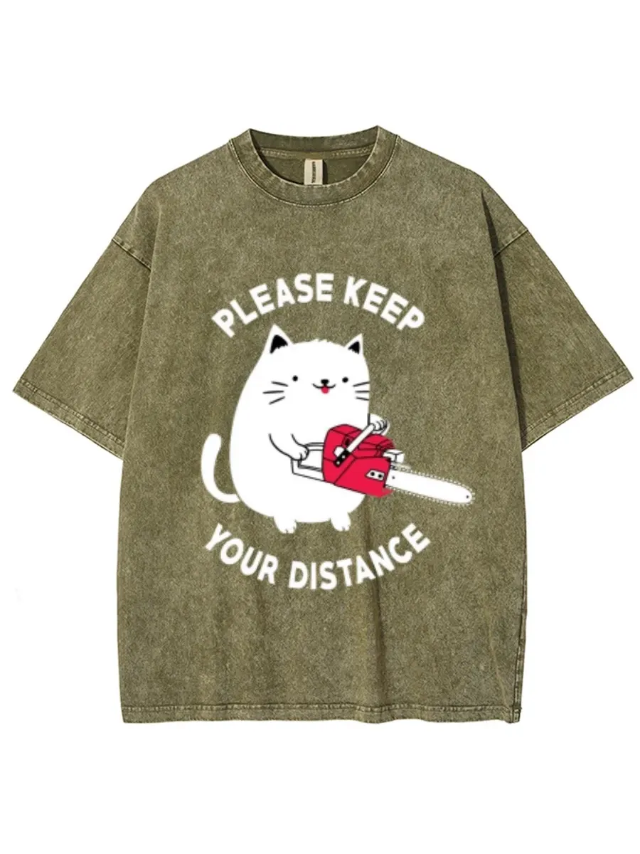 PLEASE KEEP YOUR DISTANCE UNISEX PRINTED RETRO WASHED SHORT SLEEVED T-SHIRT