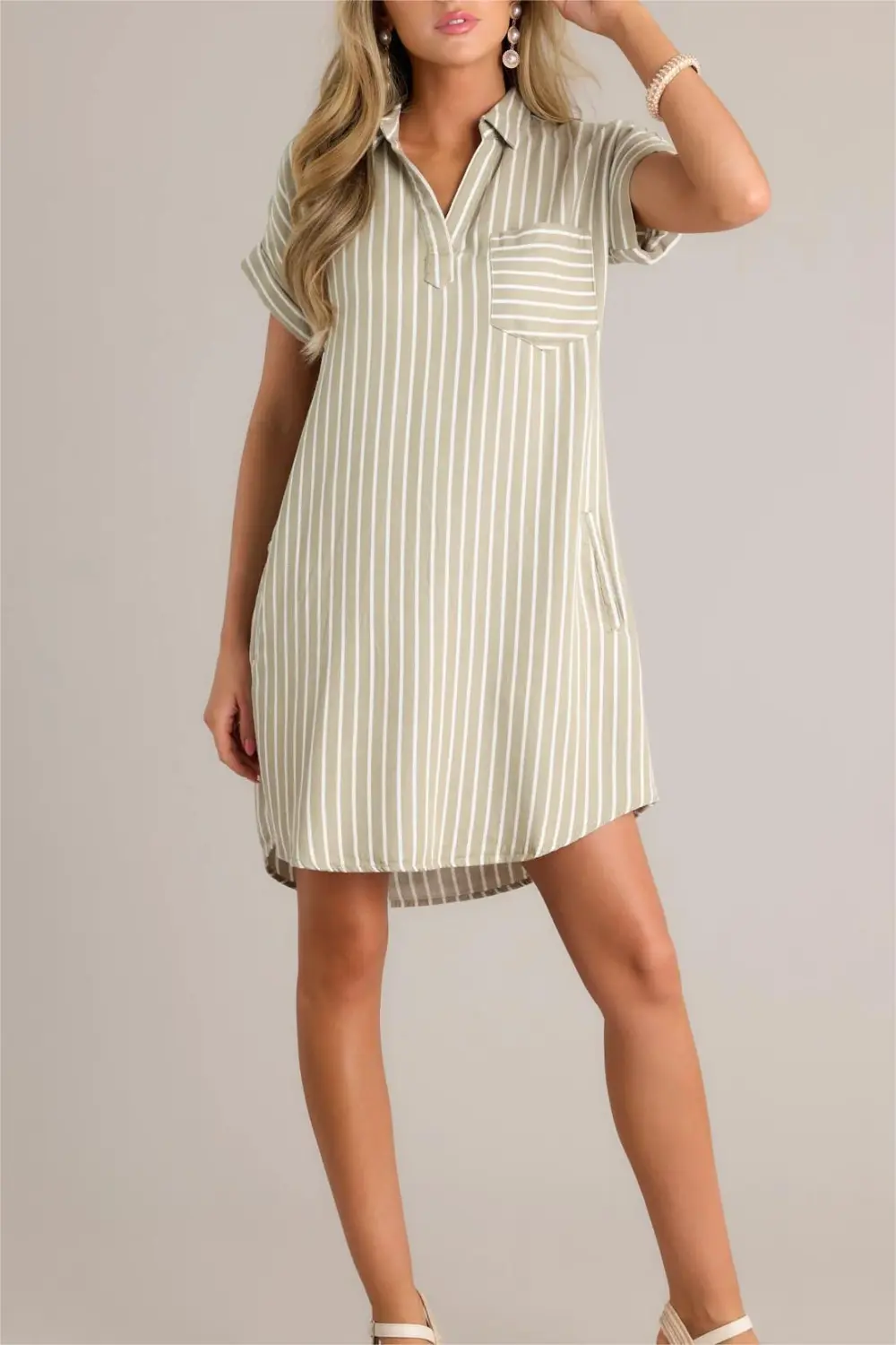 LINEAR ELEGANCE OLIVE GREEN STRIPE MINI SHIRT DRESS