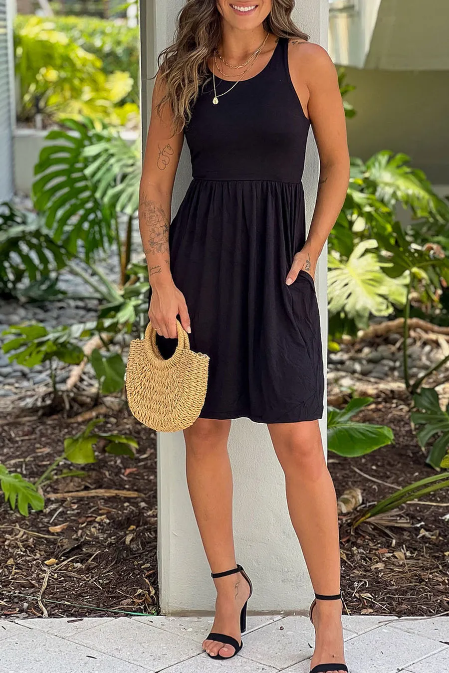 Black Racerback Short Dress With Pockets