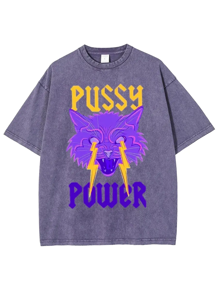 PUSSY POWER UNISEX OVERSIZED PRINT VINTAGE WASH DENIM T-SHIRT