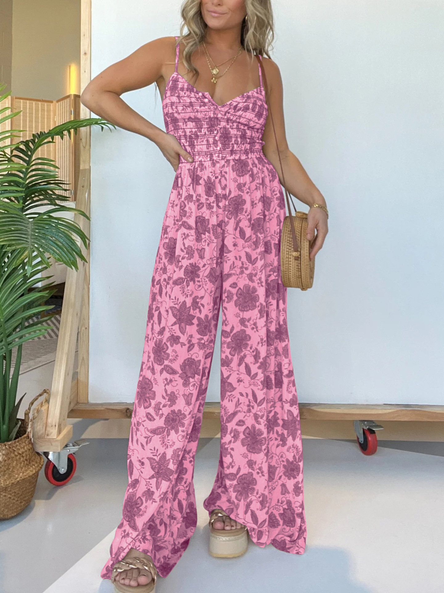 Floral suspender jumpsuit wide leg pants