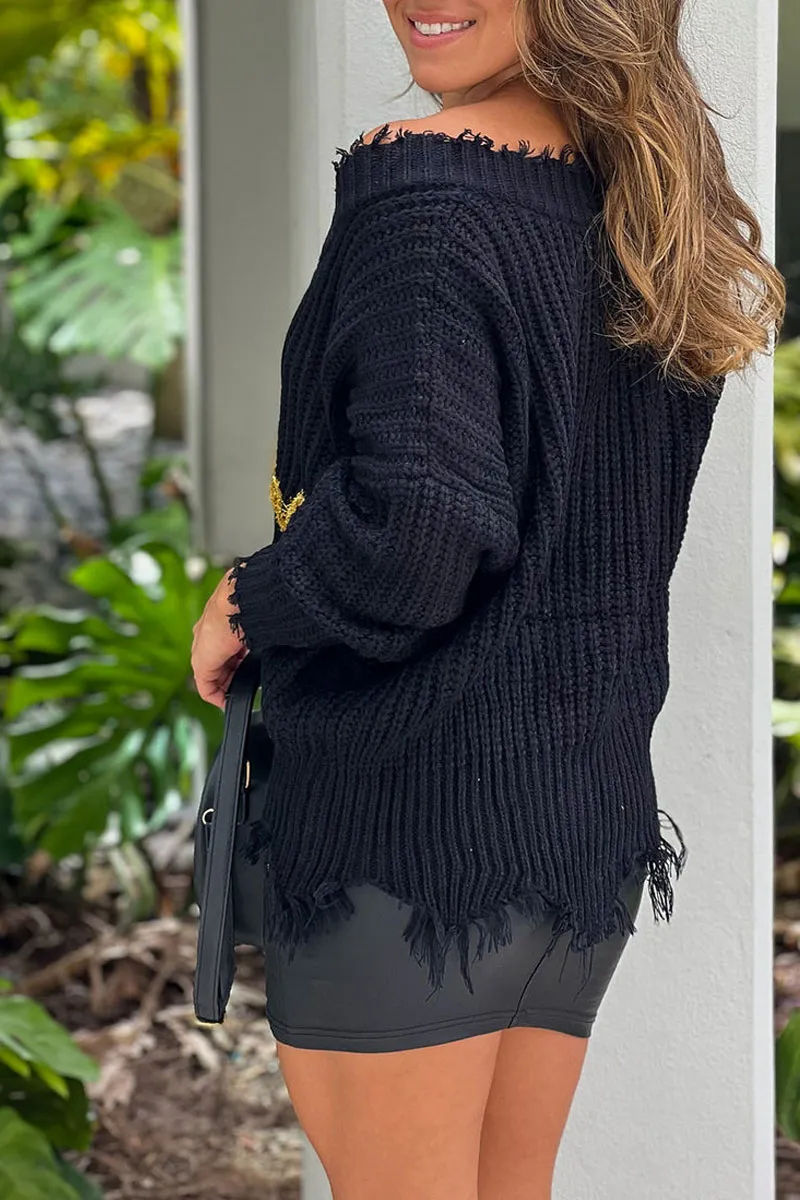 Black V Neck Frayed Game Day Sweater