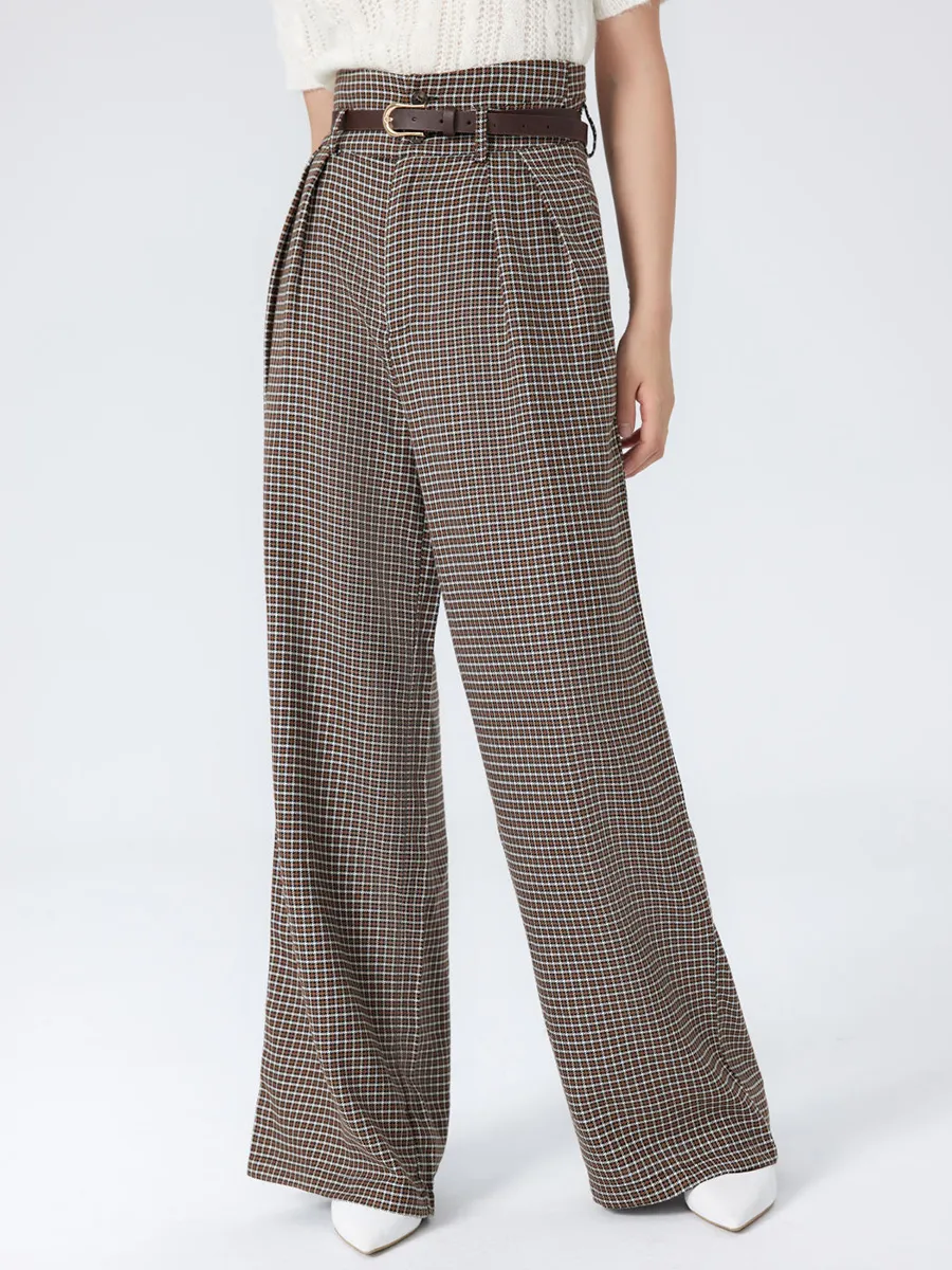 Houndstooth High Waist Belted Wide Leg Trousers