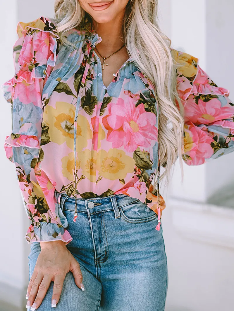 FLORAL PLEATED V NECK SHIFT CASUAL ELEGANT BLOUSE