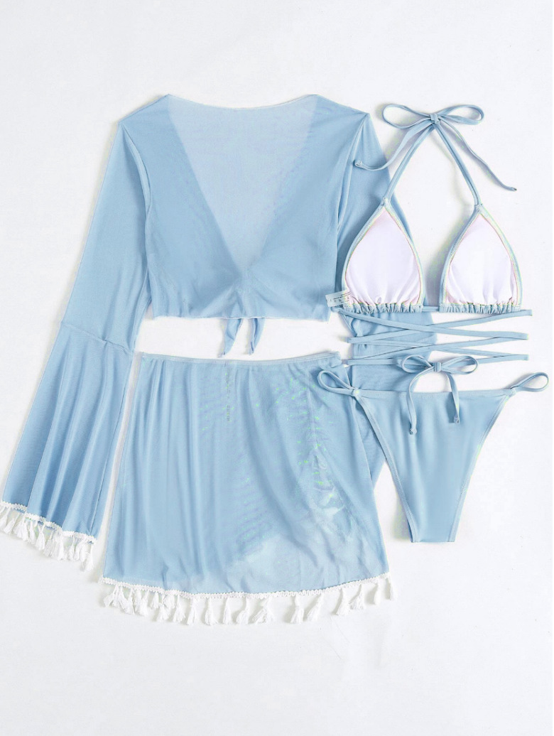 Four-Piece Set Solid Color Tassel Blouse Mesh Skirt Bikini Wholesale Swimsuit For Women