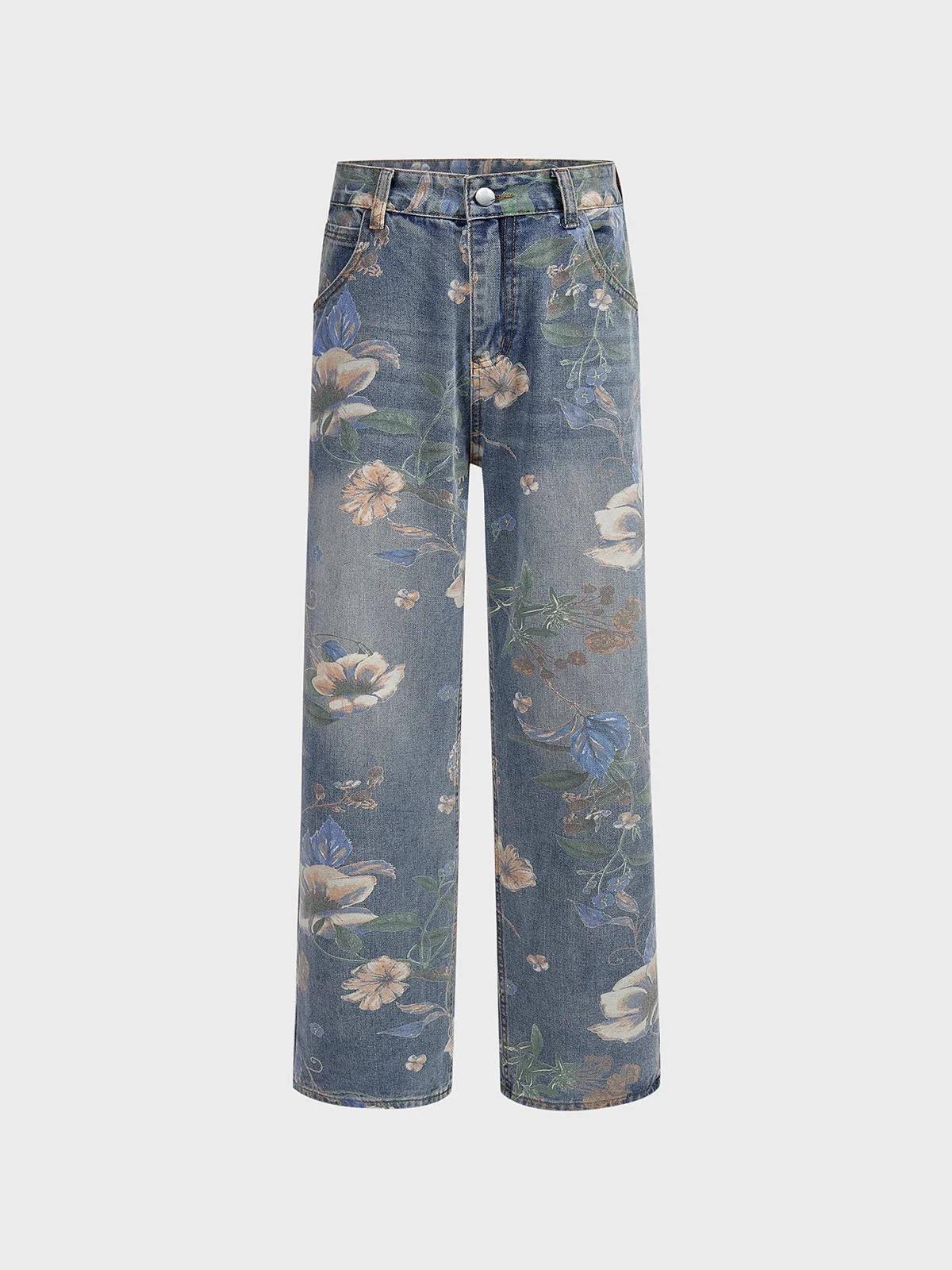 Denim Floral Straight Pants Jeans