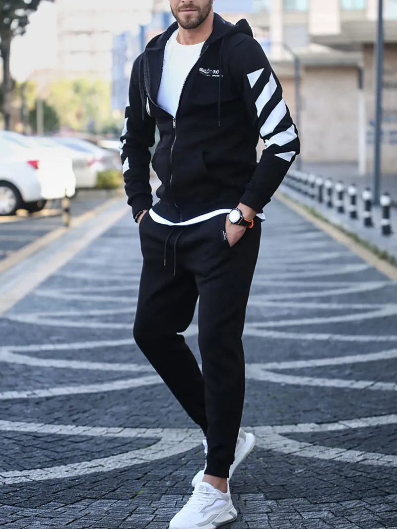 Men's Casual Striped Printed Sweatshirt Jogging Sportswear Set