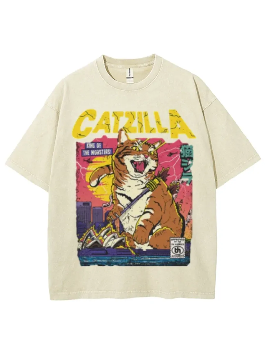 CATZILLA RETRO TITAN UNISEX VINTAGE SOLID WASH DENIM T-SHIRTS