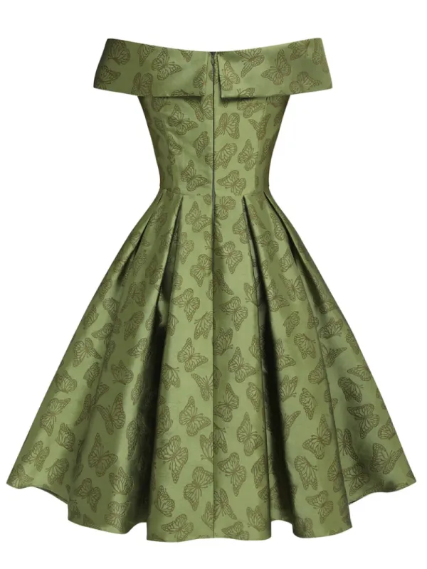 GREEN 1950S OFF-SHOULDER VINTAGE DRESS