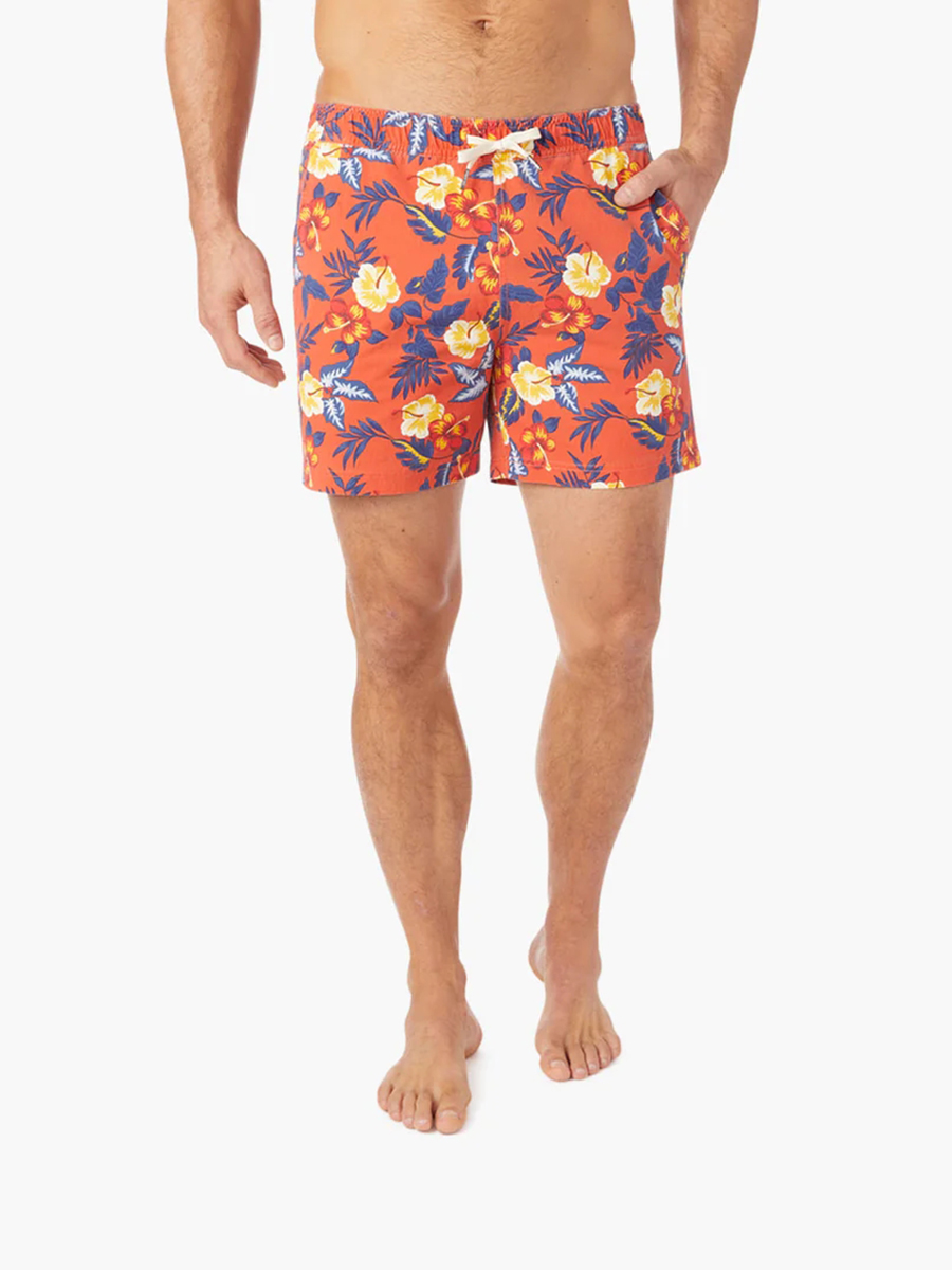 Men's Red Tropics Bungalow Trunk Beach Shorts