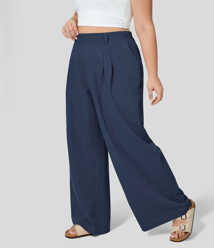 High Waisted Plicated Side Pocket Wide Leg Flowy Casual Plus Size Pants