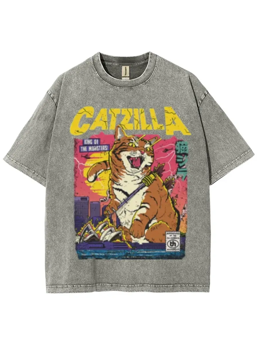 CATZILLA RETRO TITAN UNISEX VINTAGE SOLID WASH DENIM T-SHIRTS