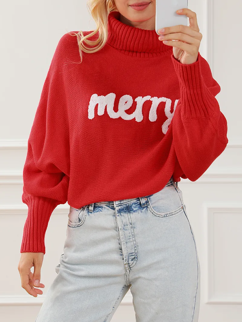 Fiery Red Merry Letter Embroidered High Neck Sweater