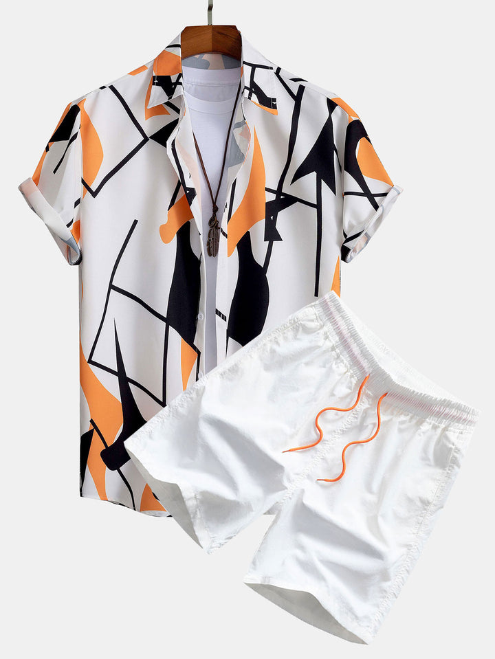 Color Block Abstract Print Button Up Shirt & Swim Shorts