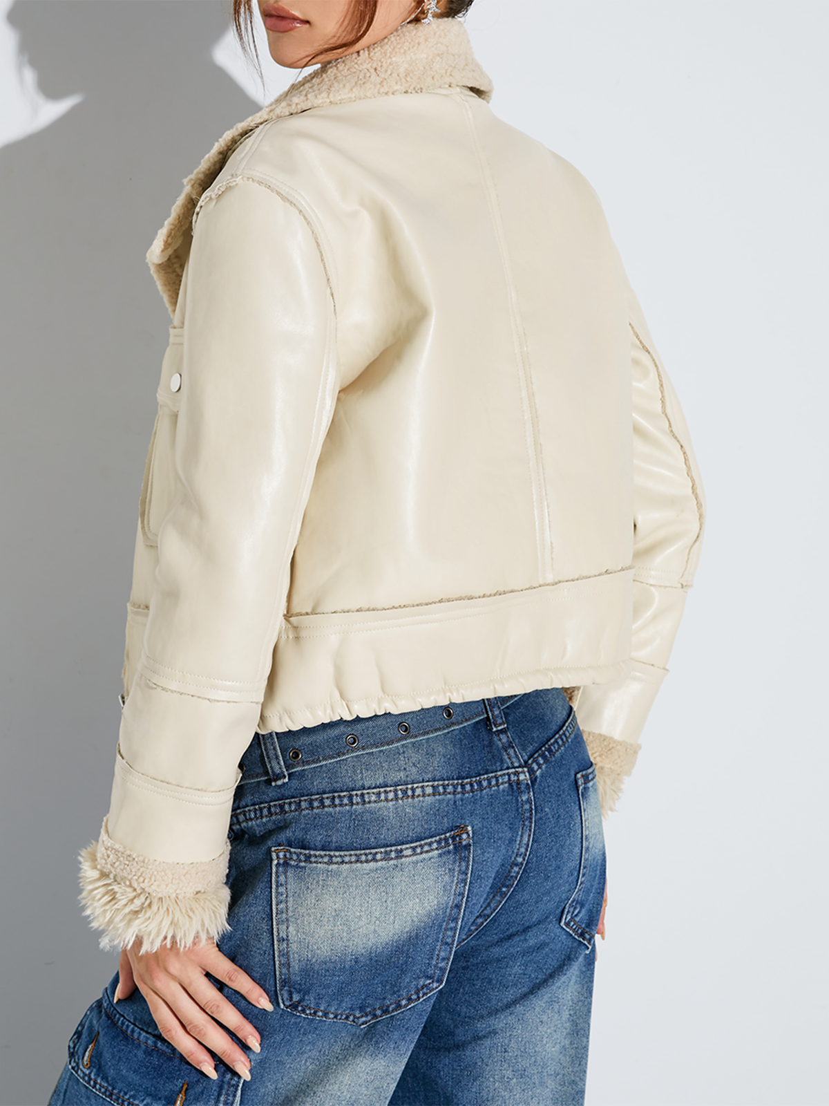 PU Plain Pocket Shawl Collar Biker Jacket