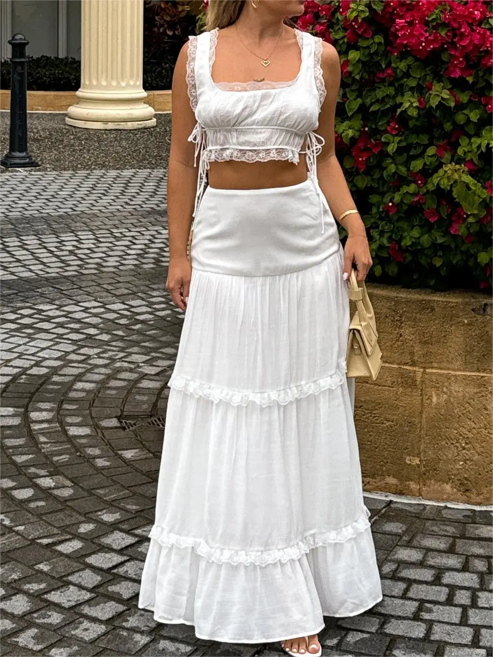 Elegant Lace-up Slip Skirt Two-piece Set