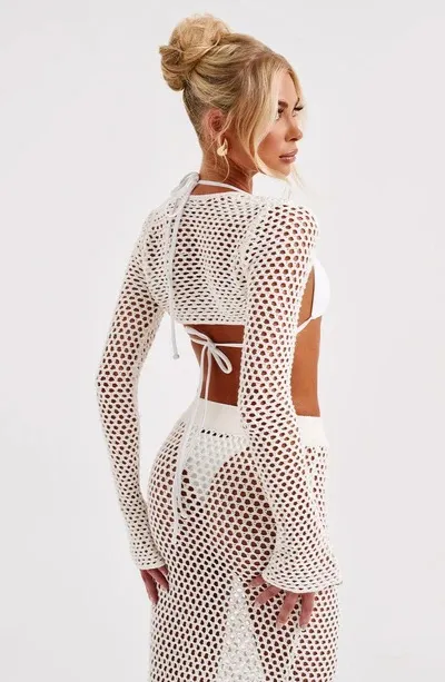 New Seaside Vacation Sunscreen Beach Skirt Sexy Hollow See-Through Long-Sleeved Knitted Suit