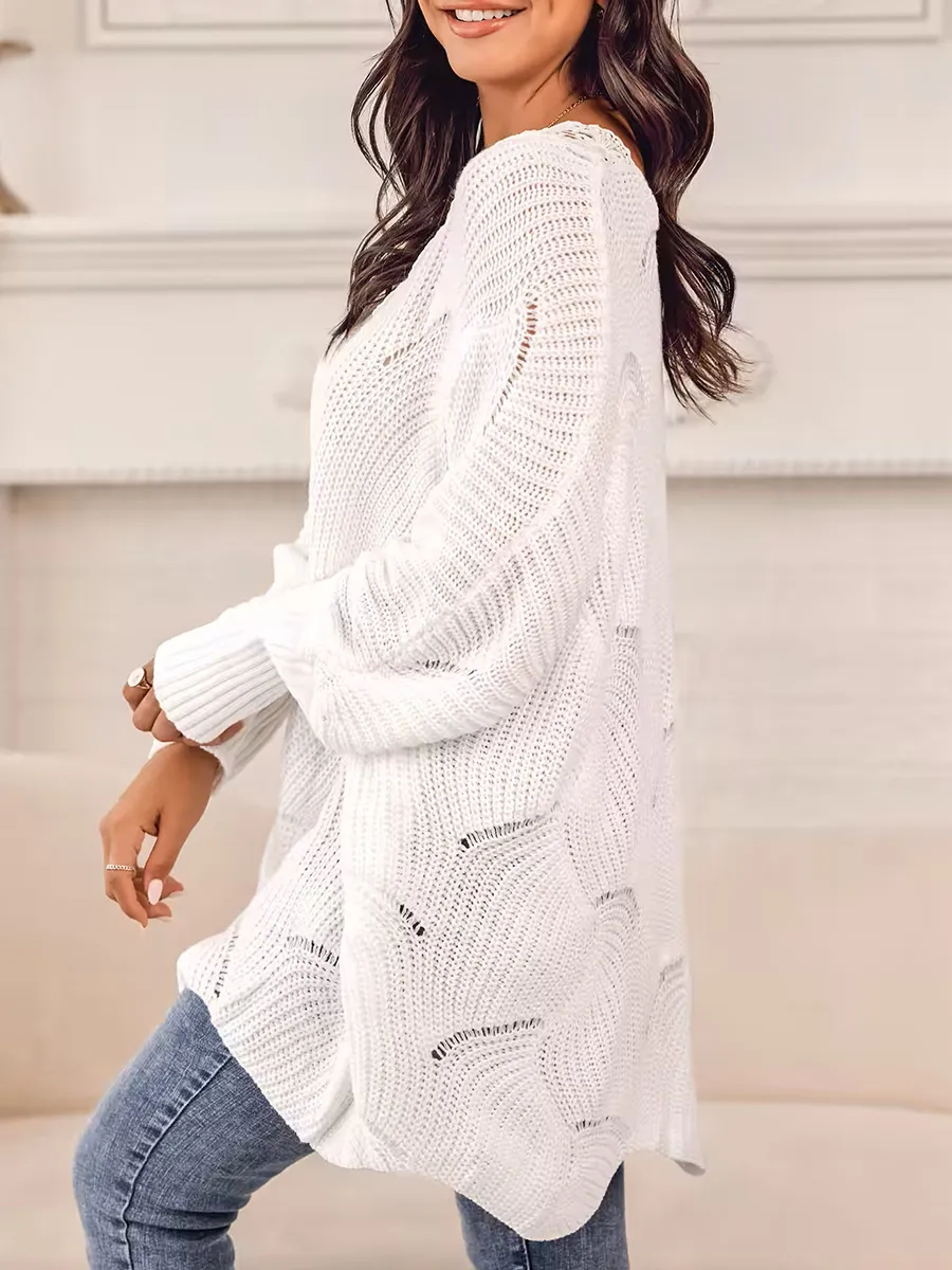 Floral lace pointelle-knit scalloped sweater