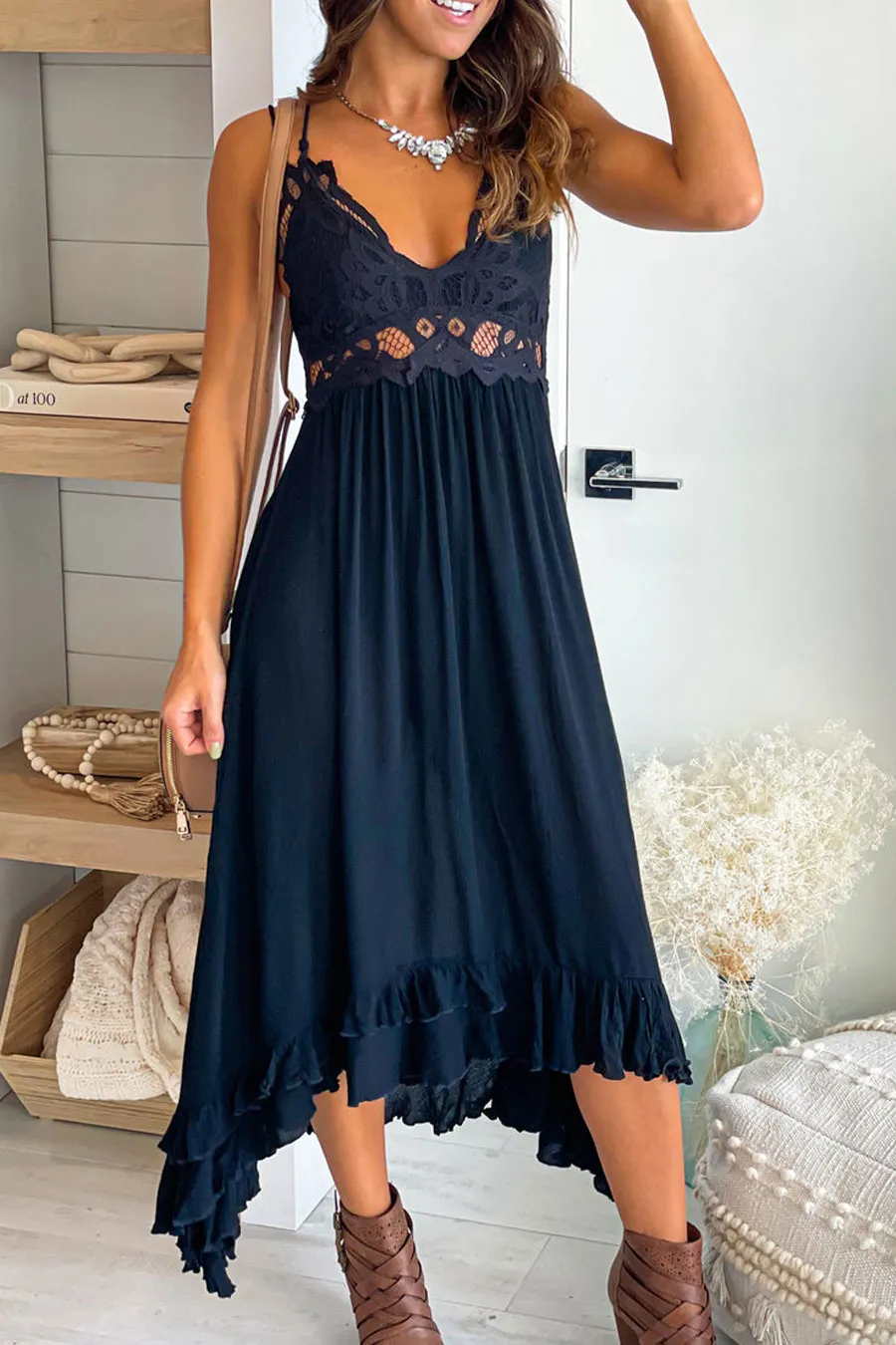 Black Crochet Top High Low Dress