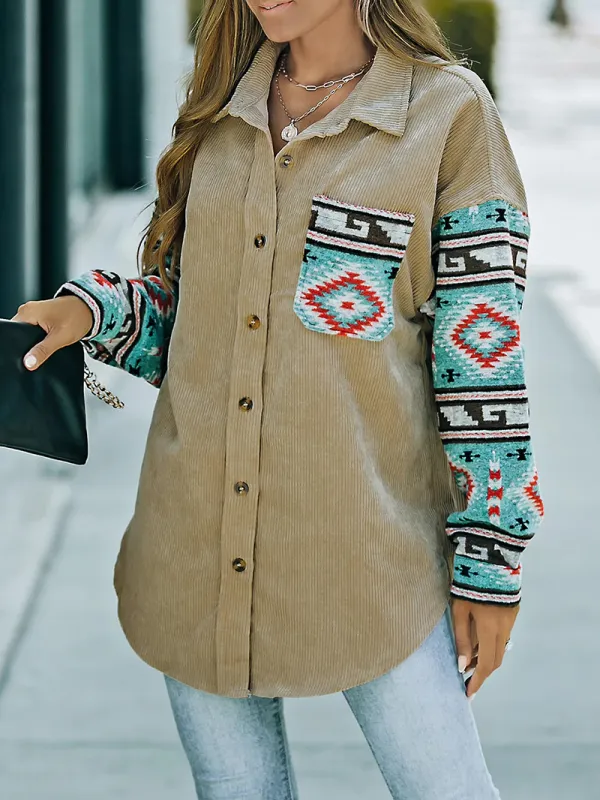 Casual retro printed patchwork corduroy jacket