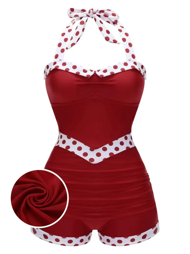 RED 1940S HALTER PATCHWORK ONE-PIECE SWIMSUIT