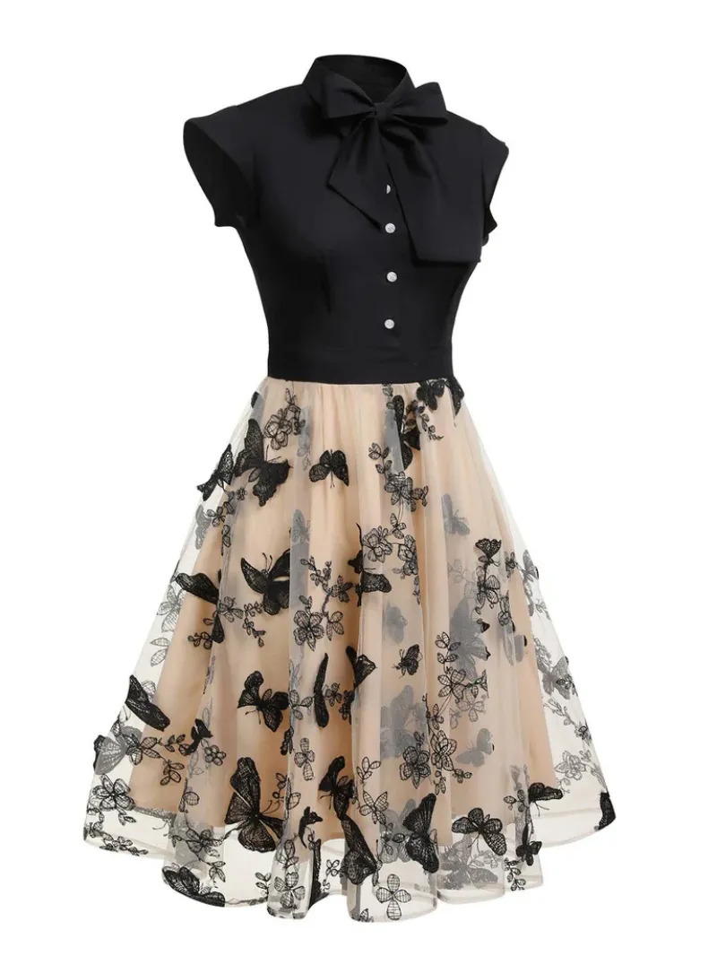 BLACK 1950S BUTTERFLY PATCHWORK VINTAGE DRESS