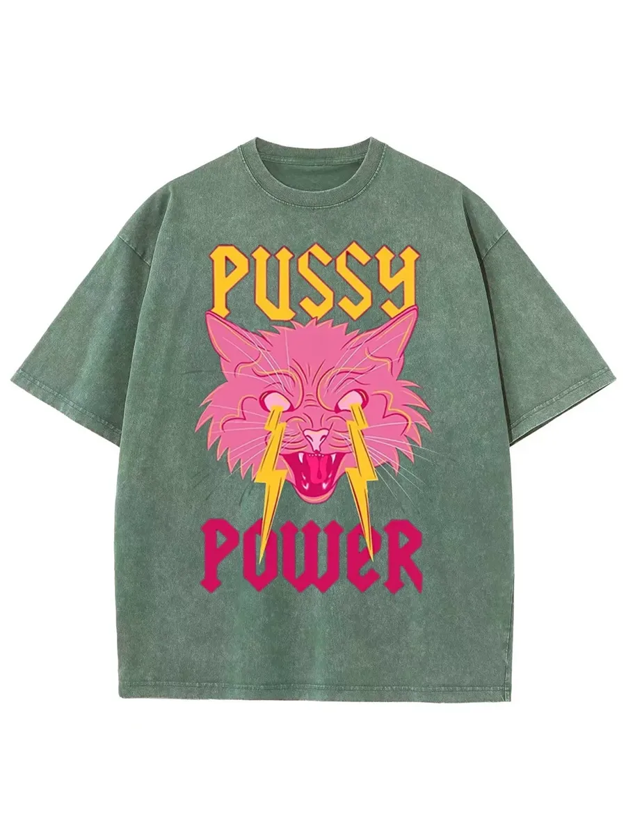 PUSSY POWER UNISEX VINTAGE SOLID WASH DENIM T-SHIRTS