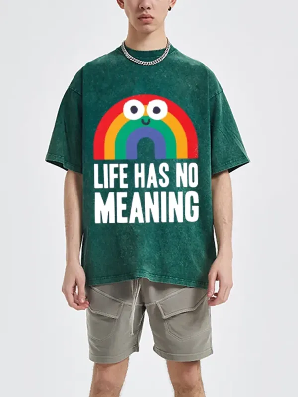 LIFE HAS NO MEANING UNISEX OVERSIZED PRINT VINTAGE WASH DENIM T-SHIRT