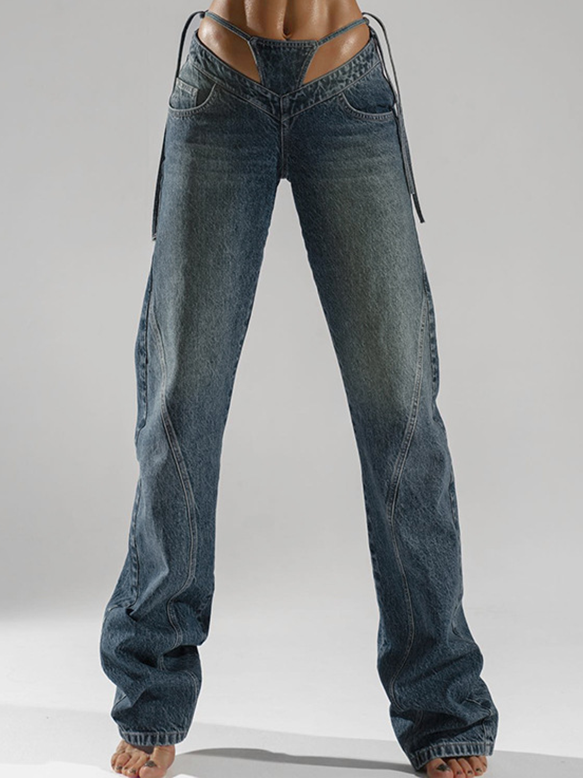 Cut Out Plain Straight Pants Jeans